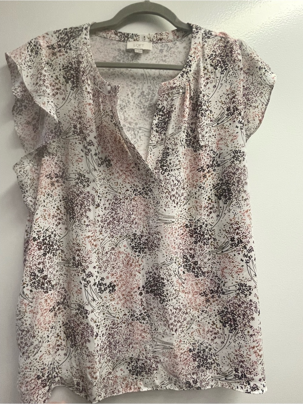 LOFT White Printed Flutter Sleeve Blouse with Pink and Black Accents
